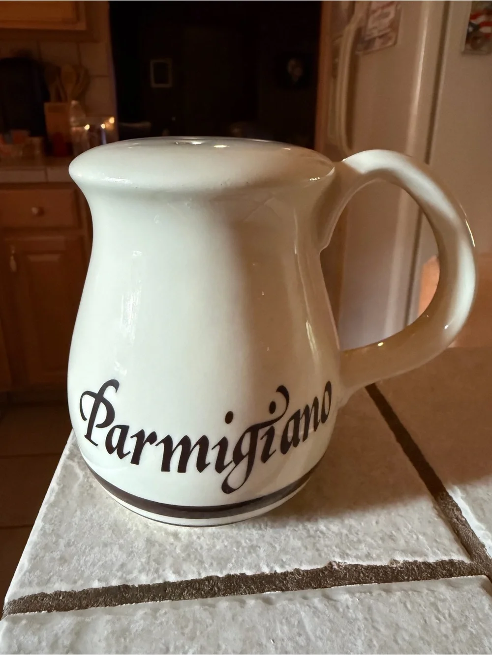 Vintage Ceramic Parmesan Cheese Shaker Dispenser Ivory with Brown Script Accent